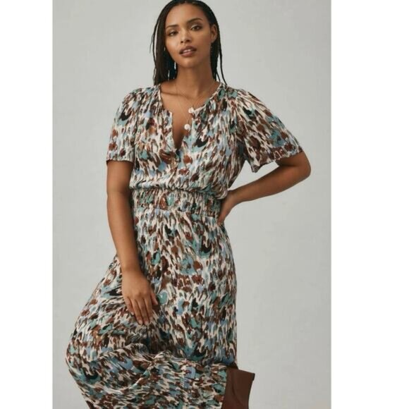 Anthropologie Women’s Somerset Satin Wide Leg Jumpsuit Abstract Blue Brown 2X - Picture 8 of 16